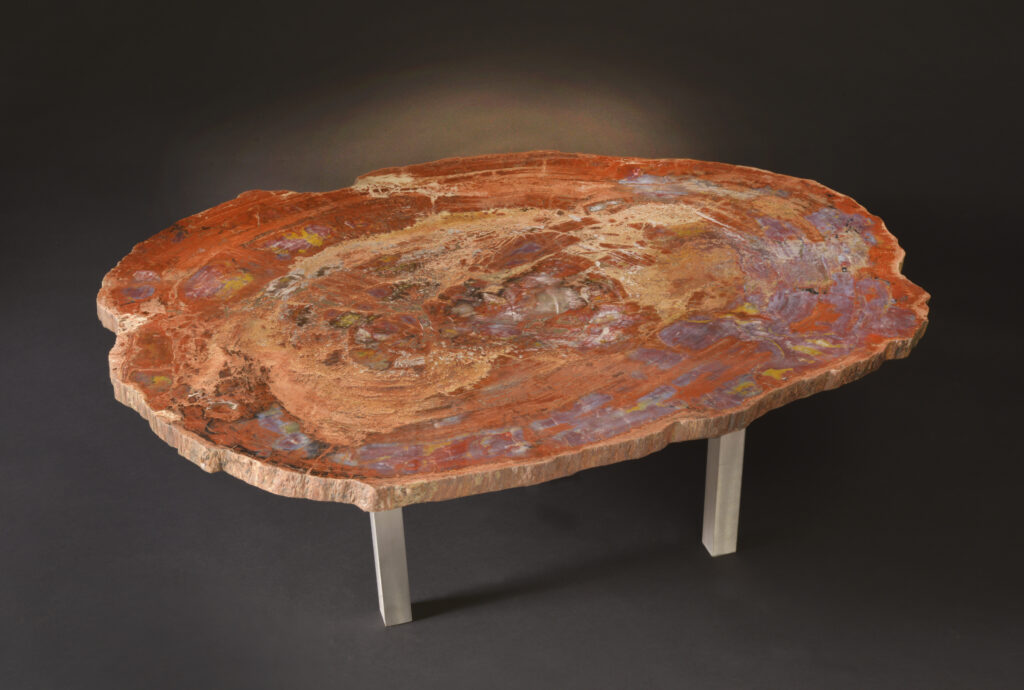 Luxury petrified wood table with elegant fossilized designs, perfect for upscale living rooms.