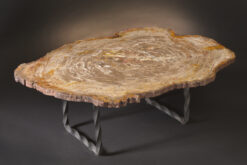 Solid petrified wood table with quartz inclusion and custom iron base, no fractures