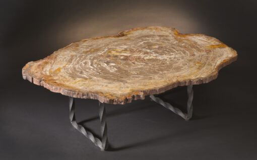 Solid petrified wood table with quartz inclusion and custom iron base, no fractures