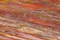 Extremely colorful petrified wood table with a quartz pocket on a custom iron base