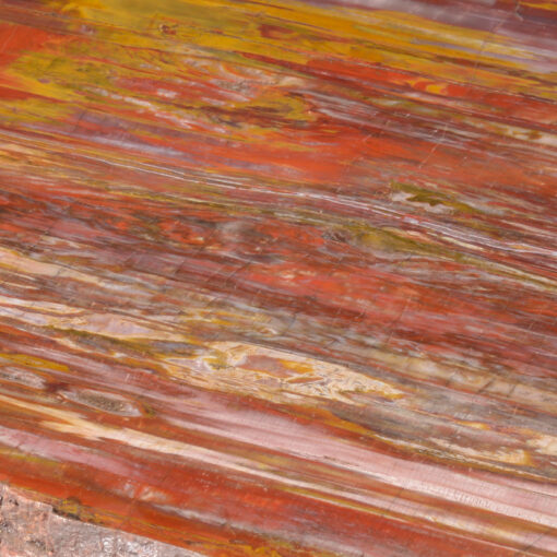 Extremely colorful petrified wood table with a quartz pocket on a custom iron base