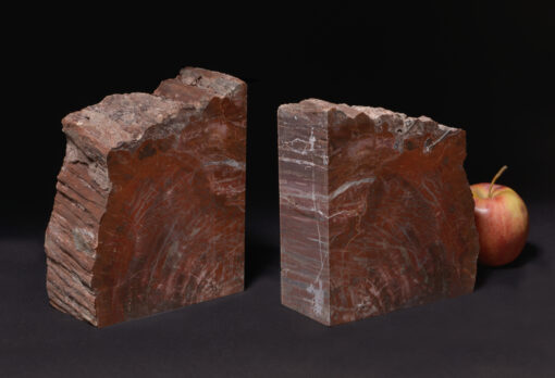 Very impressive petrified wood bookend with beautiful calcite inclusions, polished on both sides in red, white, and blue hues.